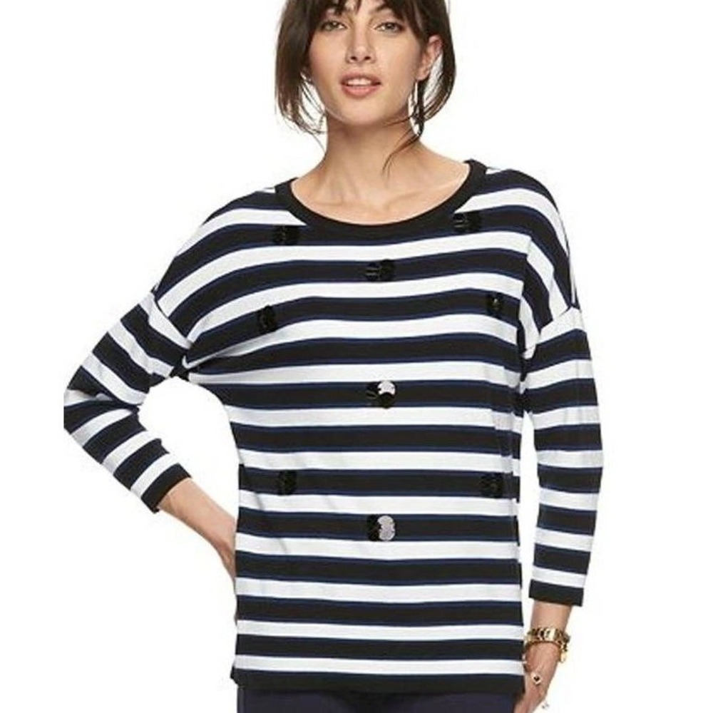 Elle $54 Oversized Medium‎ Black Blue White Striped Sequin Embellished Sweater